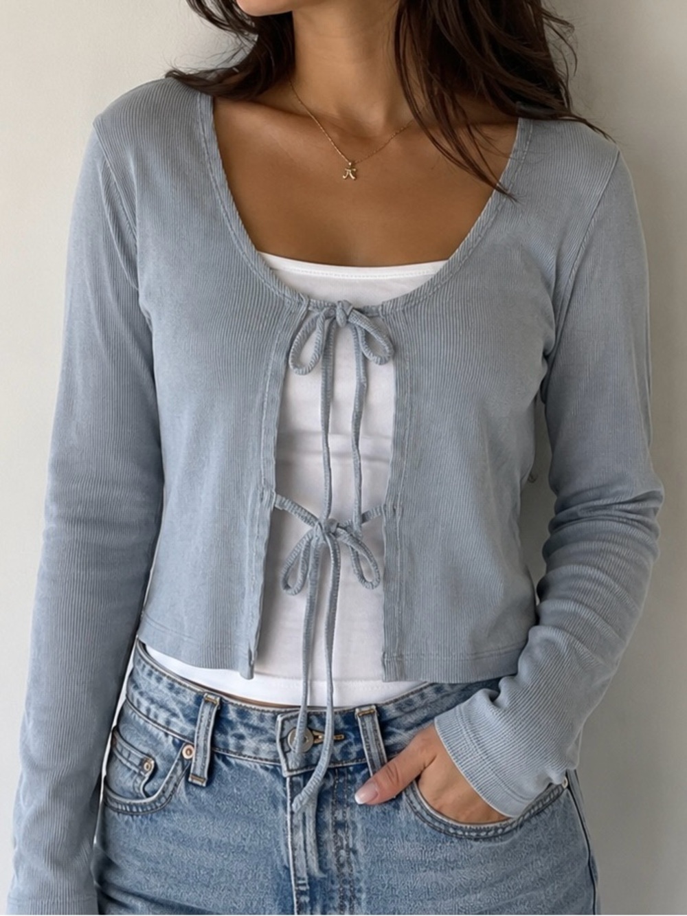 Light Blue Tie-Front Long Sleeve Top by urban nation-size small